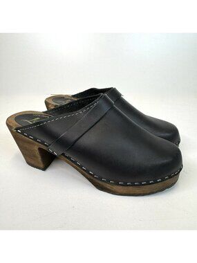 Lotta's Sweden Classic Clogs Shoes Black Leather Wood Base Womens Size 39 US 8.5